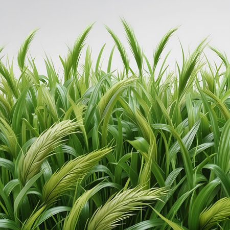 Close-up view of vibrant green grass blades with a soft, flowing texture, set against a clean white background, highlighting natural growth.の素材