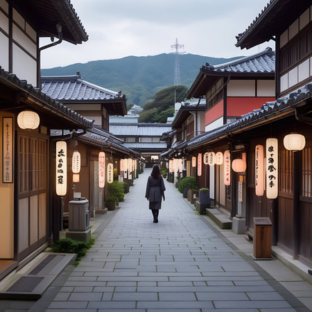 A lone woman walks down a narrow street lined with traditional Japanese buildings and glowing lanterns. Mountains rise in the background under an overcast sky.の素材