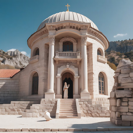 A grand white domed building with classical columns and a wide staircase features a person in a white robe standing at the entrance, with a dove in the foreground.の素材