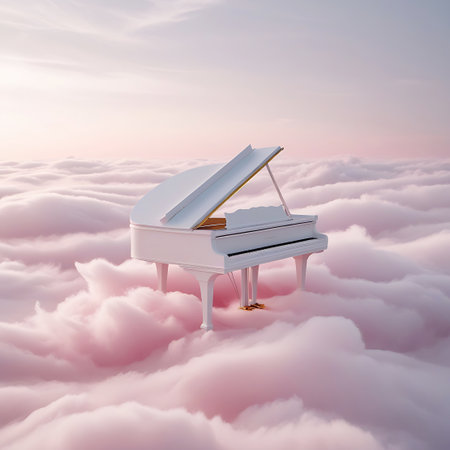 A white grand piano with its lid open rests on a soft expanse of pink clouds under a pale, pastel sky, evoking a sense of wonder.の素材