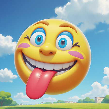 A cheerful yellow emoji face with one eye winking and its tongue sticking out floats in a bright blue sky with scattered white clouds over a green landscape.の素材
