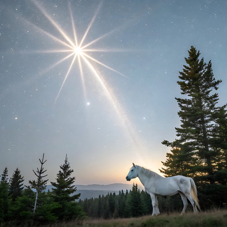 A majestic white horse stands in a grassy field beneath a vast starry sky, illuminated by a brilliant, star-like light source.の素材