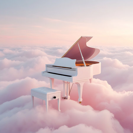 A white grand piano with an open lid and a matching white piano bench are suspended in a surreal landscape of soft pink clouds.の素材