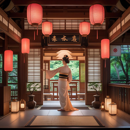 A woman in a light-colored kimono stands in a traditional Japanese courtyard, surrounded by red paper lanterns and wooden architecture.の素材