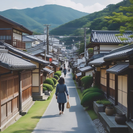 A woman walks down a narrow street lined with traditional Japanese houses and manicured bushes, with green hills and mountains in the distance.の素材