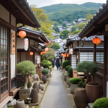 A narrow street in a traditional Japanese village lined with wooden houses, potted plants, and hanging orange lanterns.の素材