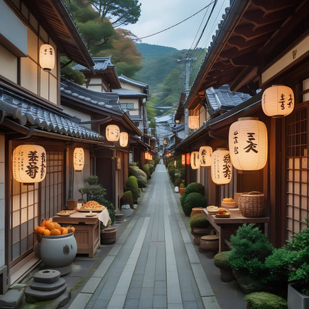 Tourism showing traditional japanese street with lanterns and food stalls keywords: japan, japanese, street, alley, traditional, lanterns, food, stalls, market, architecture,...の素材
