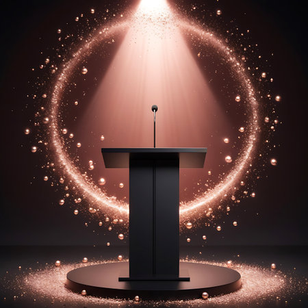 A black podium with a microphone is illuminated by a spotlight, framed by a glowing circle of golden particles on a dark stage.の素材