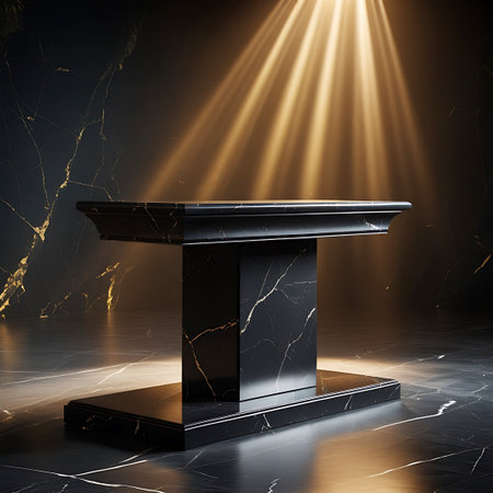 A black marble pedestal with a reflective surface is illuminated by dramatic golden spotlight rays on a dark, reflective marble floor.の素材
