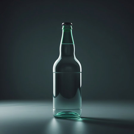 Bottle showing clear glass bottle filled with water on a dark surface. High resolution image suitable for commercial use.の素材