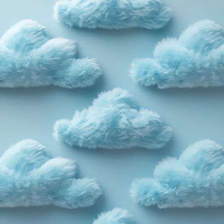 A detailed view of plush, light blue furry clouds clustered against a pale blue background, emphasizing their soft and inviting texture.の素材