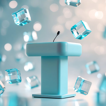 Clear glass cubes float around a light blue podium equipped with a microphone, set against a soft bokeh background.の素材