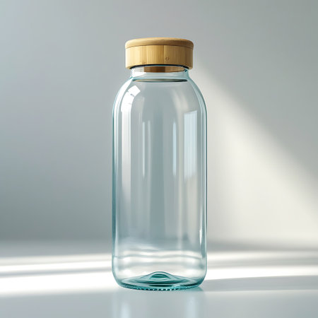 A clear glass water bottle with a subtle light blue tint and a natural bamboo lid is shown. Clear details and vibrant colors enhance visual appeal.の素材