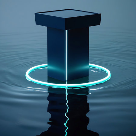 A dark, geometric pedestal with a vertical neon blue light strip stands on a rippling dark water surface with reflections.の素材