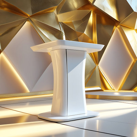 A modern white lectern with a curved silhouette is positioned in front of a striking geometric gold and white backdrop, with light casting shadows.の素材