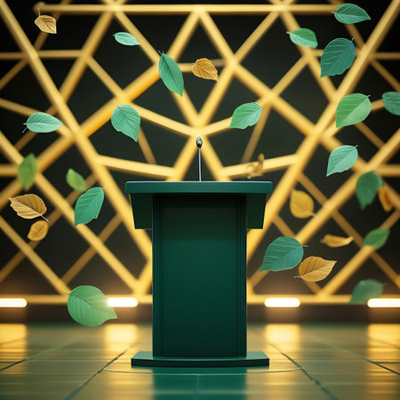 A dark green podium with a microphone is set against an abstract gold geometric background, with green and gold leaves falling around it.の素材