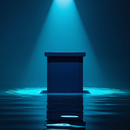 A dark blue podium stands in rippling water, illuminated by a bright blue spotlight from above. Clear details and vibrant colors enhance visual appeal.の素材