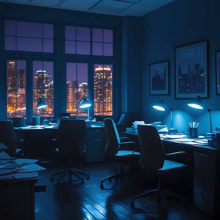 An empty office at night with desks, chairs, and lamps illuminated by blue light, overlooking a city skyline through large windows.の素材