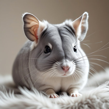 A fluffy grey chinchilla sits on a soft white fur rug, its large ears and dark eyes prominent in this close-up studio portrait.の素材
