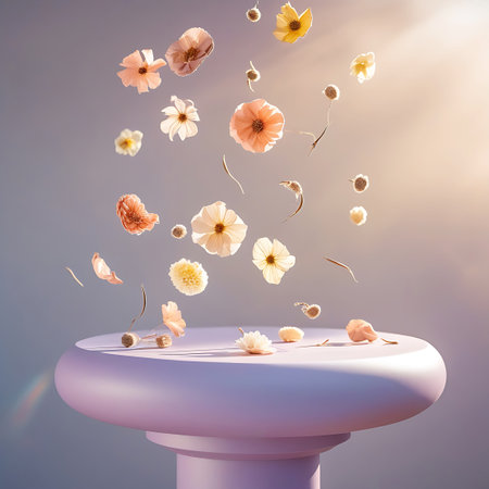 A light purple display podium is surrounded by an array of pastel flowers and petals falling and floating in a sunlit studio environment.の素材