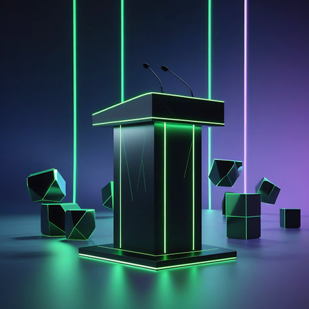 A black podium with bright neon green lights is surrounded by floating geometric cubes against a dark, futuristic background.の素材