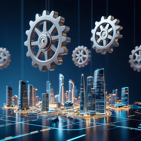 A futuristic city skyline with illuminated skyscrapers and a digital grid, featuring large metallic gears suspended above.の素材