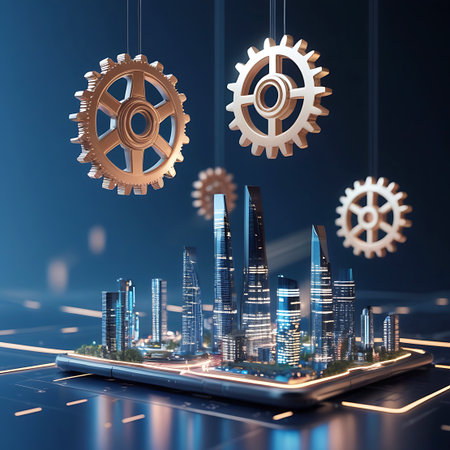 A miniature futuristic city with illuminated skyscrapers sits on a digital platform, with large gears suspended above.の素材