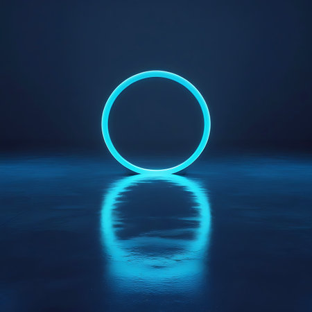 A bright cyan ring floats above a dark, wet surface, casting a vibrant reflection. The background is a deep, dark blue.の素材