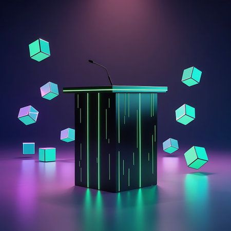 A dark, futuristic podium with neon green vertical lines and a microphone floats in a purple and blue gradient studio with glowing geometric cubes.の素材