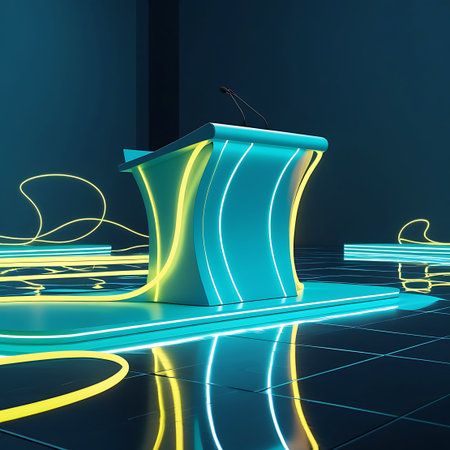 A futuristic blue and yellow illuminated podium with a microphone stands on a reflective dark surface.の素材