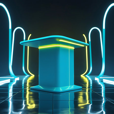 A futuristic podium with glowing blue and yellow neon lights on a reflective tiled floor, set against a dark background.の素材