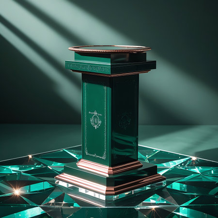 A tall green octagonal display stand with ornate rose gold accents rests on a faceted crystal base. Clear details and vibrant colors enhance visual appeal.の素材