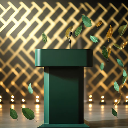 A green podium with a microphone stands center stage, surrounded by falling green and gold leaves against a geometric gold patterned background with soft lights.の素材