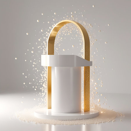 Photo showing gold arch podium with floating pearls and glitter. High resolution image suitable for commercial use.の素材