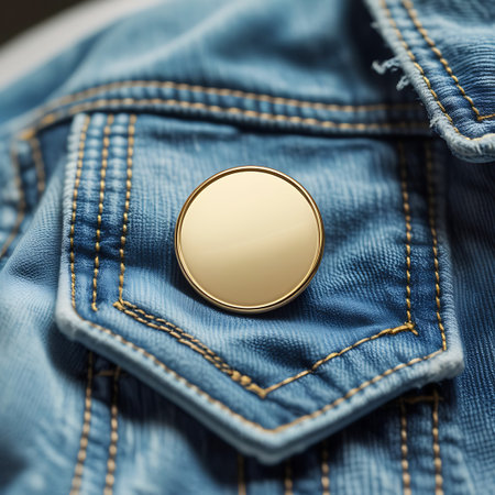 A shiny gold round pin badge is attached to the chest pocket of a blue denim jacket. Clear details and vibrant colors enhance visual appeal.の素材