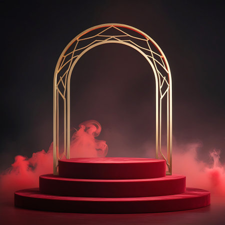 A gold geometric archway is positioned above a red podium, with red smoke adding a dramatic effect. Clear details and vibrant colors enhance visual appeal.の素材