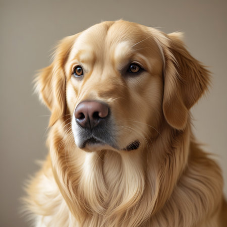 A close-up portrait of a golden retriever dog with light brown fur, looking to the side with soft eyes and a pink nose.の素材