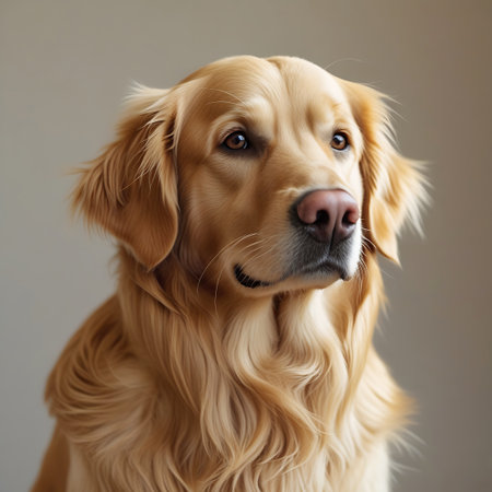 A headshot portrait of a golden retriever dog with light brown fur, looking upwards with soft eyes and a pink nose.の素材