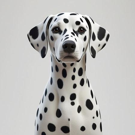 A head and shoulders portrait of a Dalmatian dog, showcasing its iconic black spots on white fur and its attentive gaze.の素材