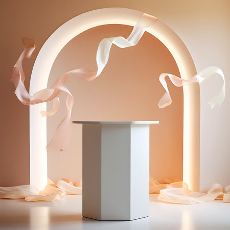 A white hexagonal pedestal stands in front of a softly illuminated archway. Flowing peach and white ribbons drift through the air around it.の素材