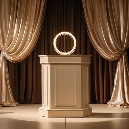 A hexagonal podium with a ring light sits centered in front of rich golden drapes, creating a dramatic stage setting.の素材