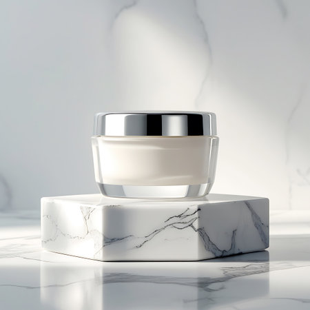 Cream showing luxury skincare cream jar on marble pedestal with soft lighting. High resolution image suitable for commercial use.の素材