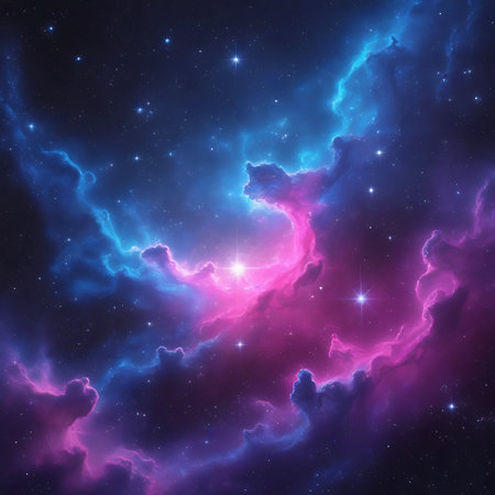 A luminous nebula features swirling pink and blue clouds, interspersed with bright starbursts and countless stars in the deep space void.の素材