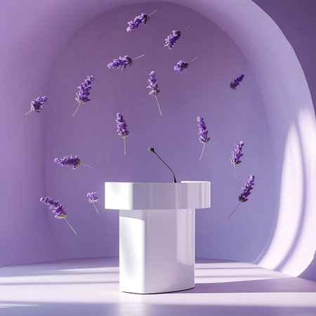 Photo showing lavender sprigs levitating above a white podium with microphone. High resolution image suitable for commercial use.の素材