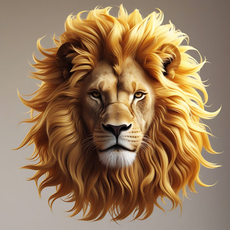 Lion's showing lion head with a wild, windswept golden mane keywords: lion, king, mane, golden, head, majestic, powerful, wild, animal, predator, feline, big cat, mammal, safari, africa, wildlife,...の素材