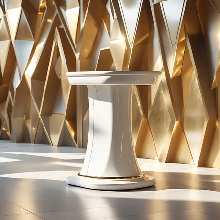 A sleek white podium with gold trim sits in front of a dramatic abstract golden wall with geometric facets.の素材