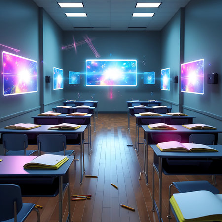 A modern classroom with desks, chairs, and interactive screens displaying colorful abstract visuals, with open books on the desks.の素材