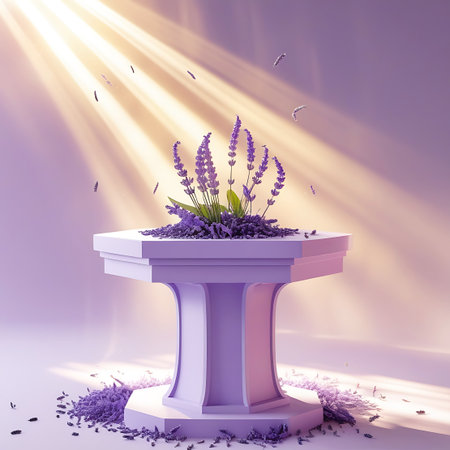 Lavender flowers sit on an octagonal purple pedestal, illuminated by sun rays, with petals gently falling around the display.の素材