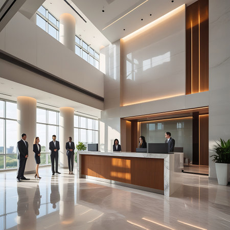 A spacious, modern office lobby with a marble reception desk, wood accents, and large windows. Business people are visible in the reception area and by the windows.の素材