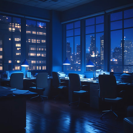An office interior bathed in blue light at night, with empty desks and chairs positioned before large windows showcasing a vibrant city skyline.の素材
